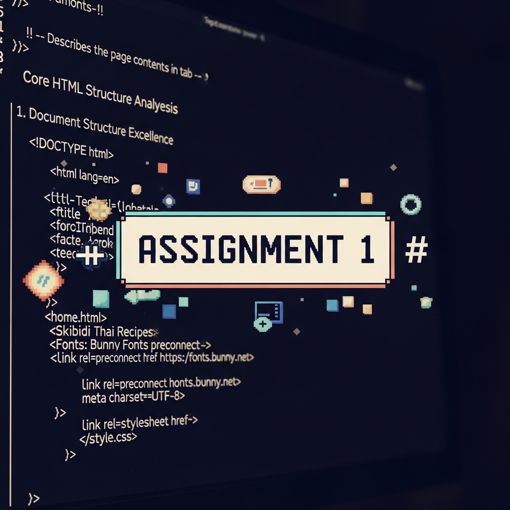 A textbox reads 'Assignment 1' with some pixel art effects and computer screen behind it.