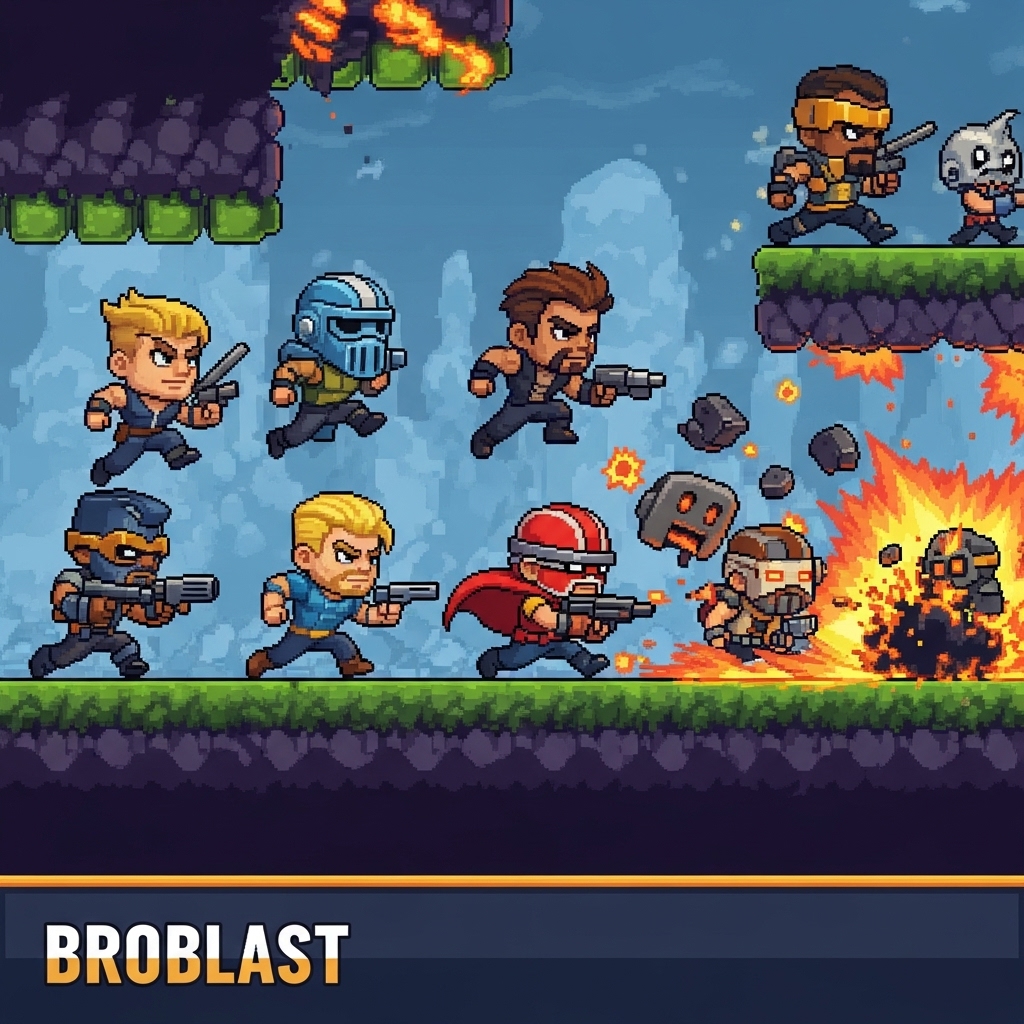 A pixel graphics action platformer game with various action heroes moving forward firing their weapons. A textbox reads 'BroBlast'