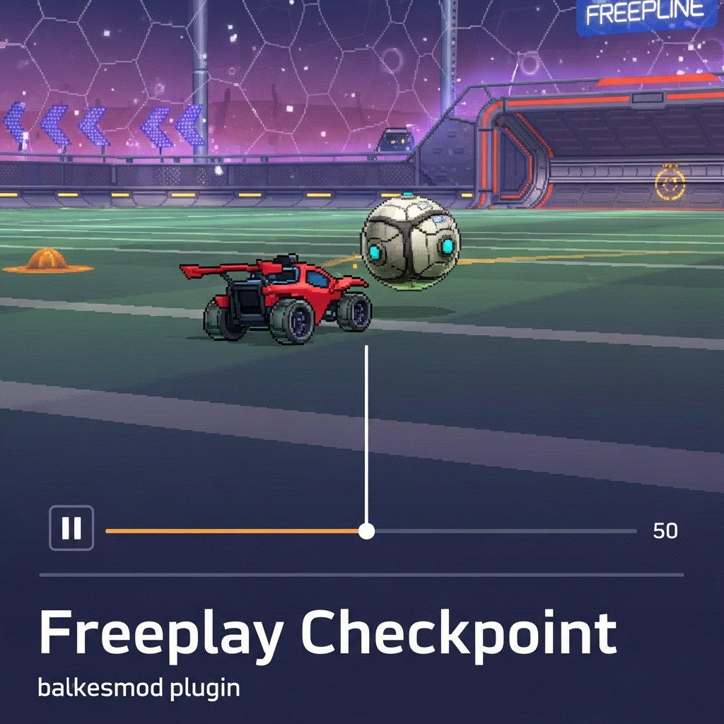 In pixel graphics. It depicts the game Rocket League where a car has 'paused' and a timeline at the bottom is visible. The car is on a soccar field with the ball and goal in front of them.
